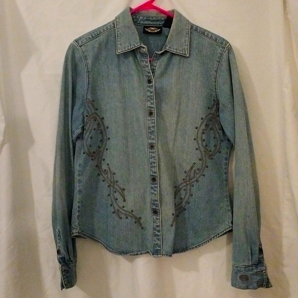Women's Harley-Davidson decorative denim shirt. Great accents.